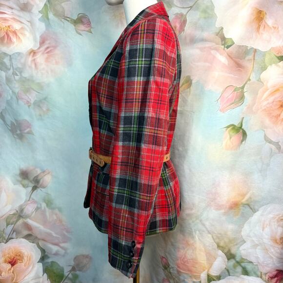 Vintage Rafaella Red Tartan Plaid Worsted Wool Blazer & Leather Linea Pelle Belt - Picture 4 of 9
